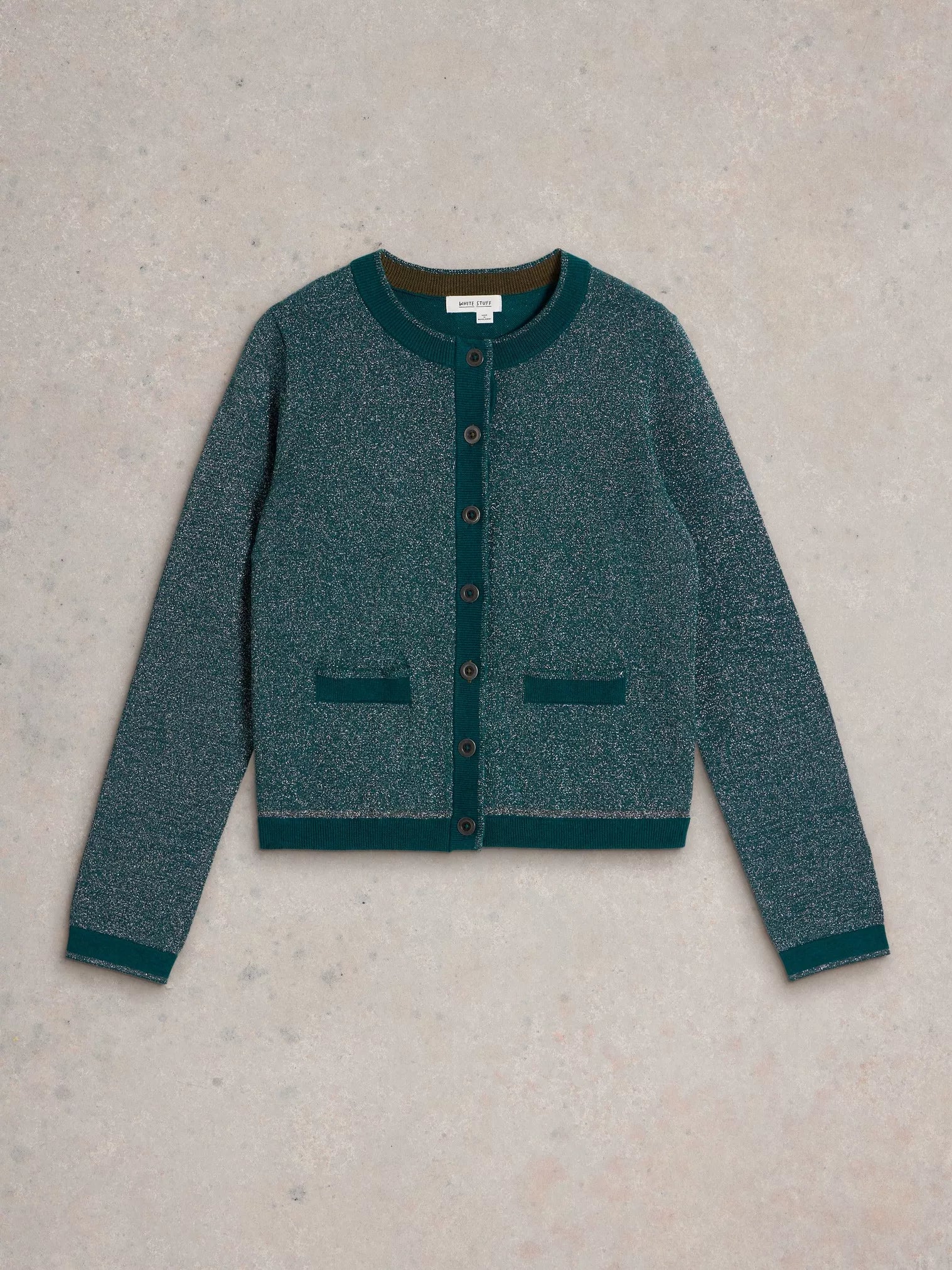 Sparkly teal green children's cardigan with dark teal trim, button front, and patch pockets.
