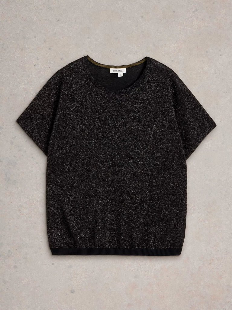 Black glitter short-sleeved knit top with a round neckline and banded hem.