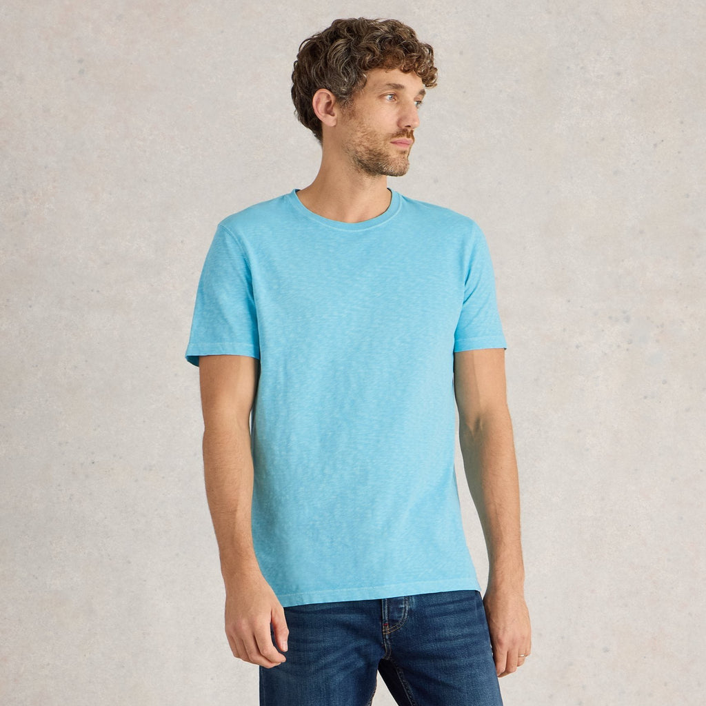 Light blue, short-sleeved crew neck t-shirt with a slightly textured appearance.