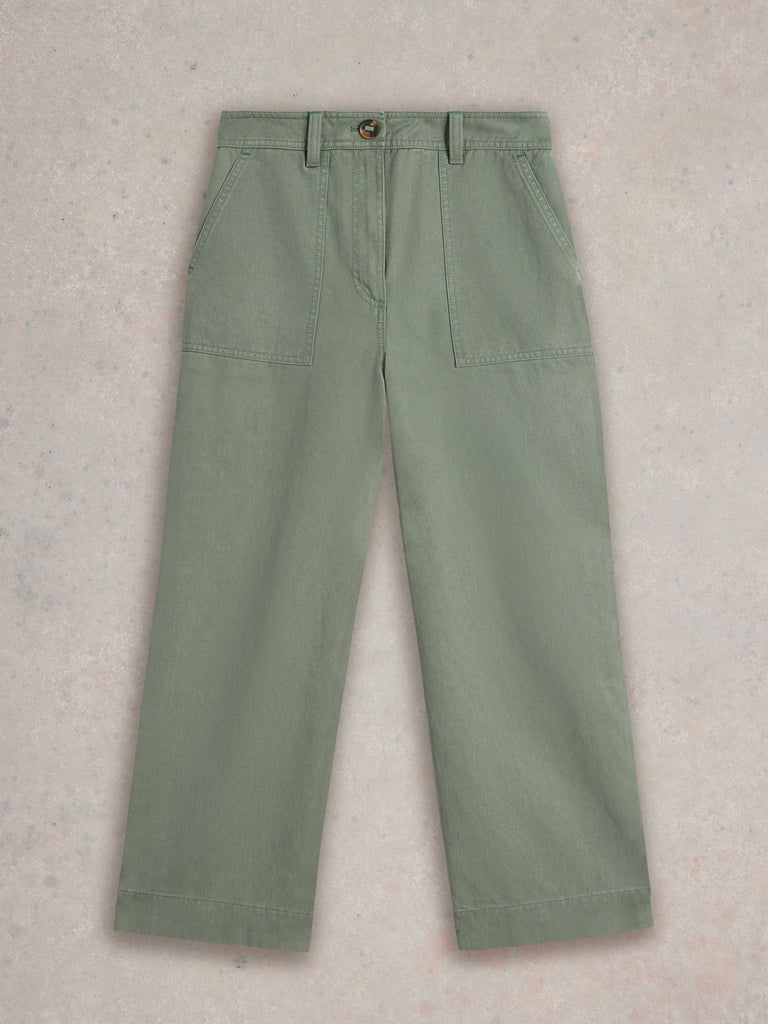 Sage green cropped pants with button closure and front pockets.
