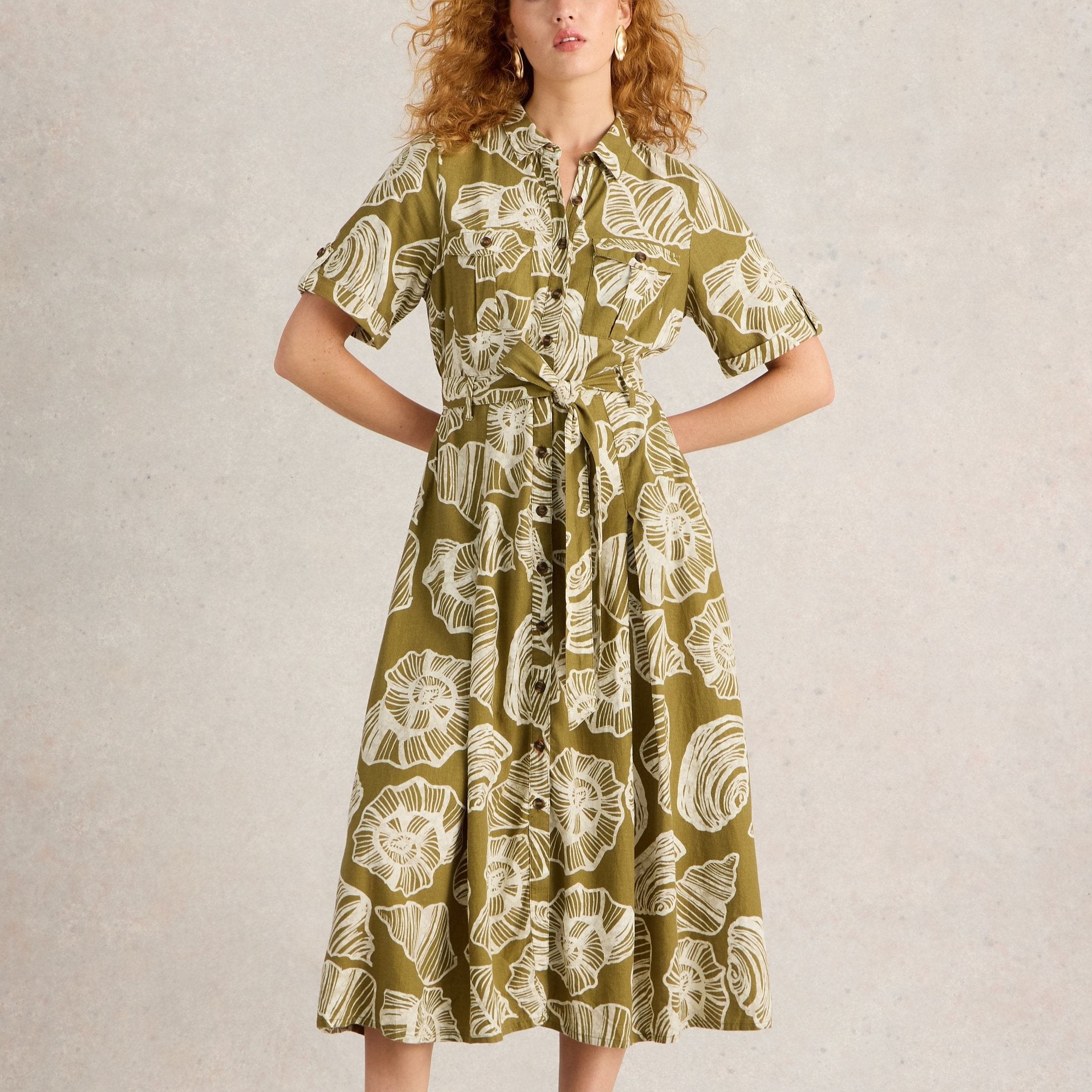 Olive green midi dress with a button-down front and short sleeves.