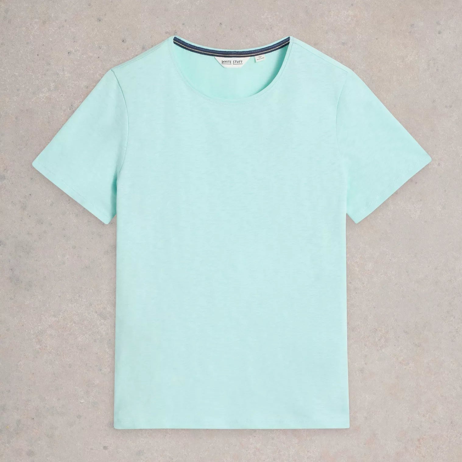 Light teal short-sleeved crew neck t-shirt.