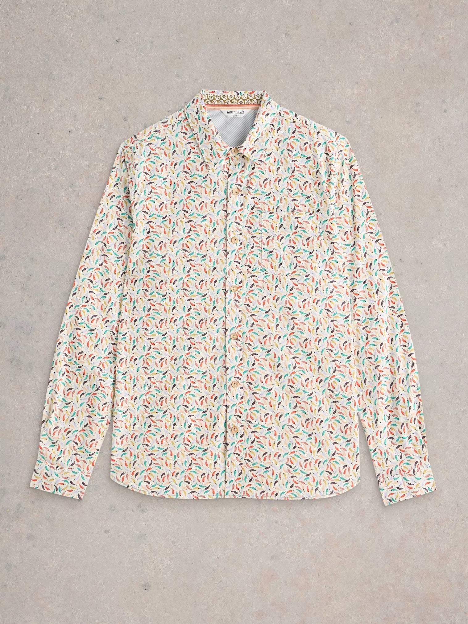 Off-white long-sleeve button-down shirt with an all-over print of multicolored chili peppers.