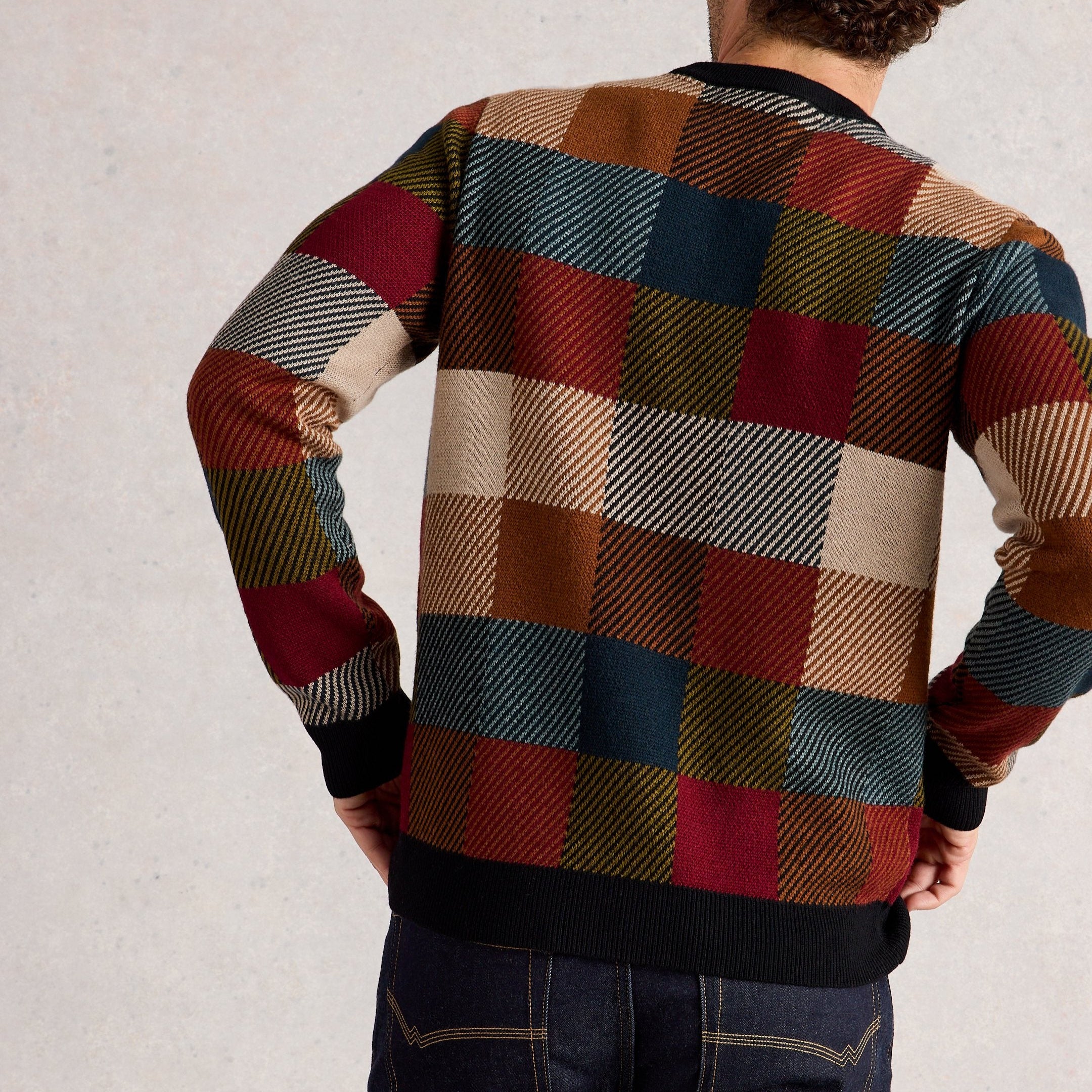 Person wearing a multicolored checkered sweater against a plain background