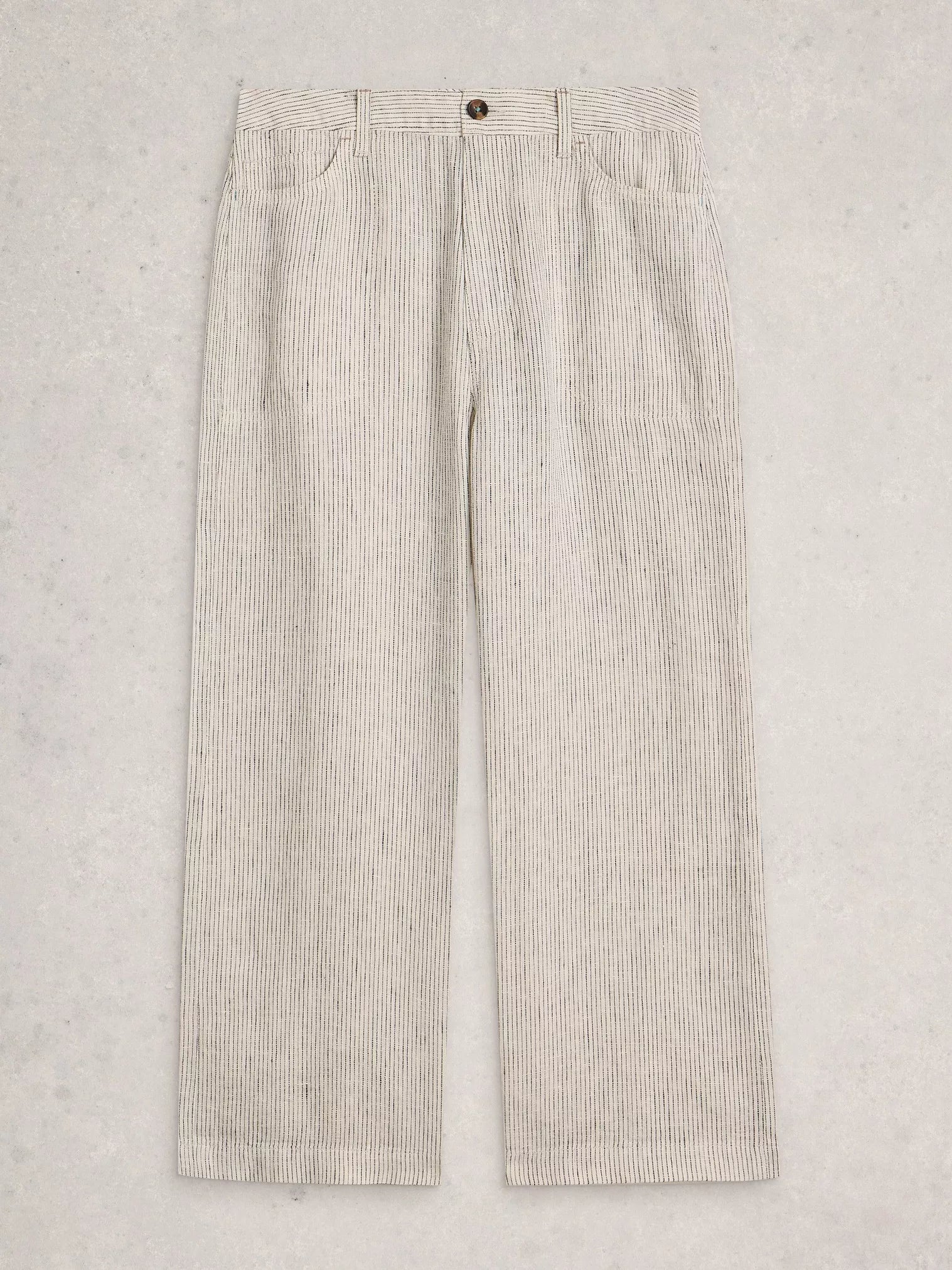 Beige striped pants on a light gray background