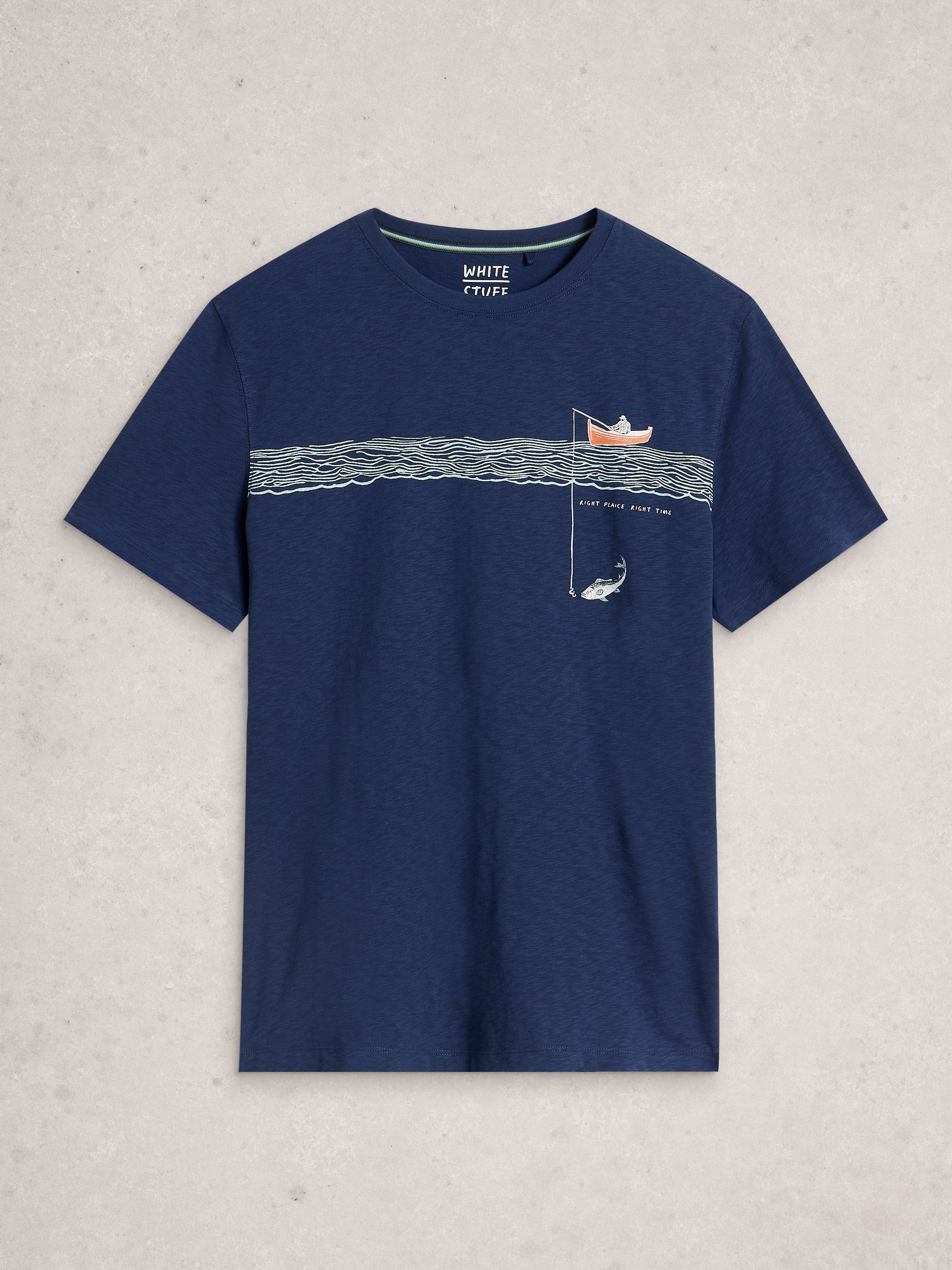 Navy blue t-shirt with a graphic design on a light gray background