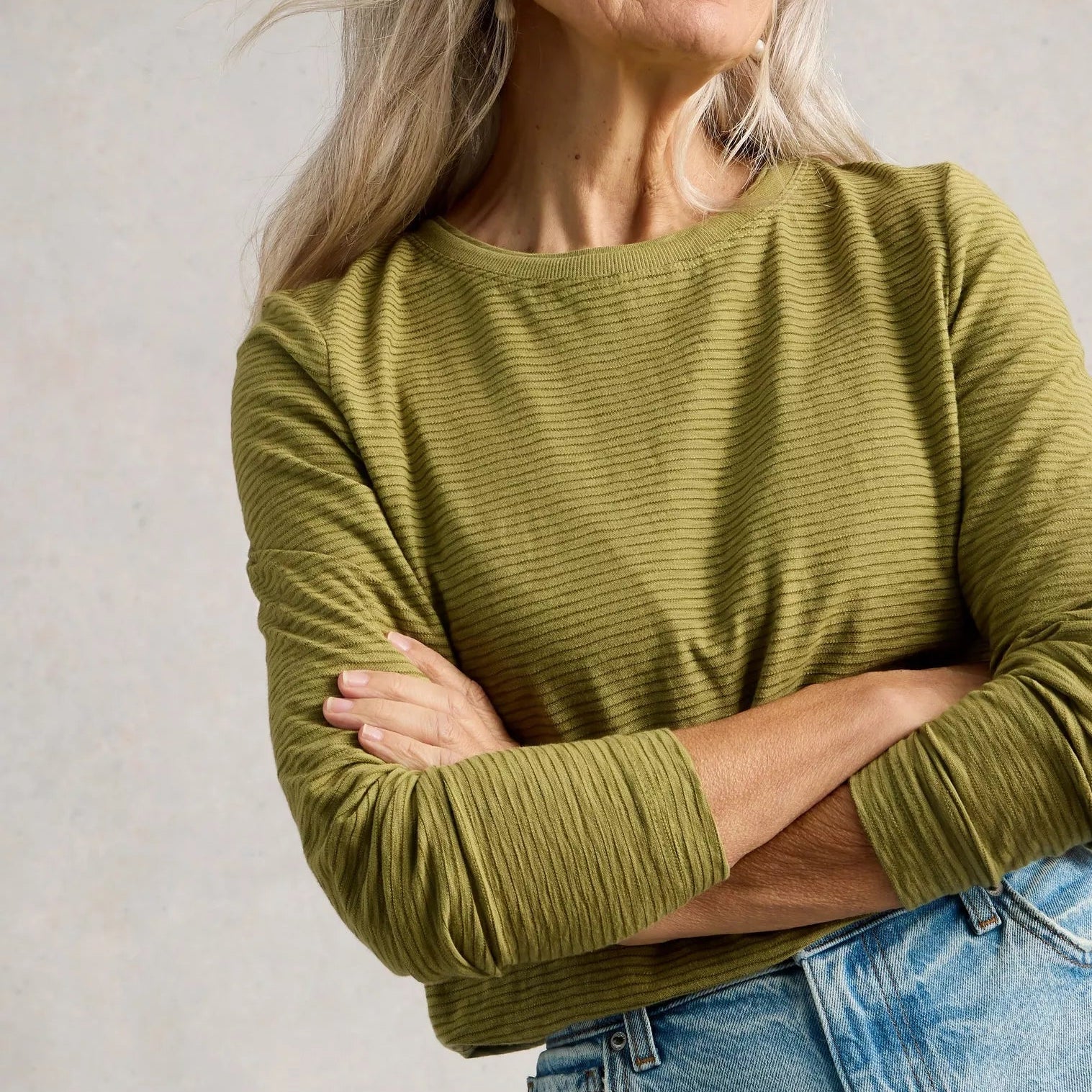Clara Textured Long Sleeved Tee - Khaki Green