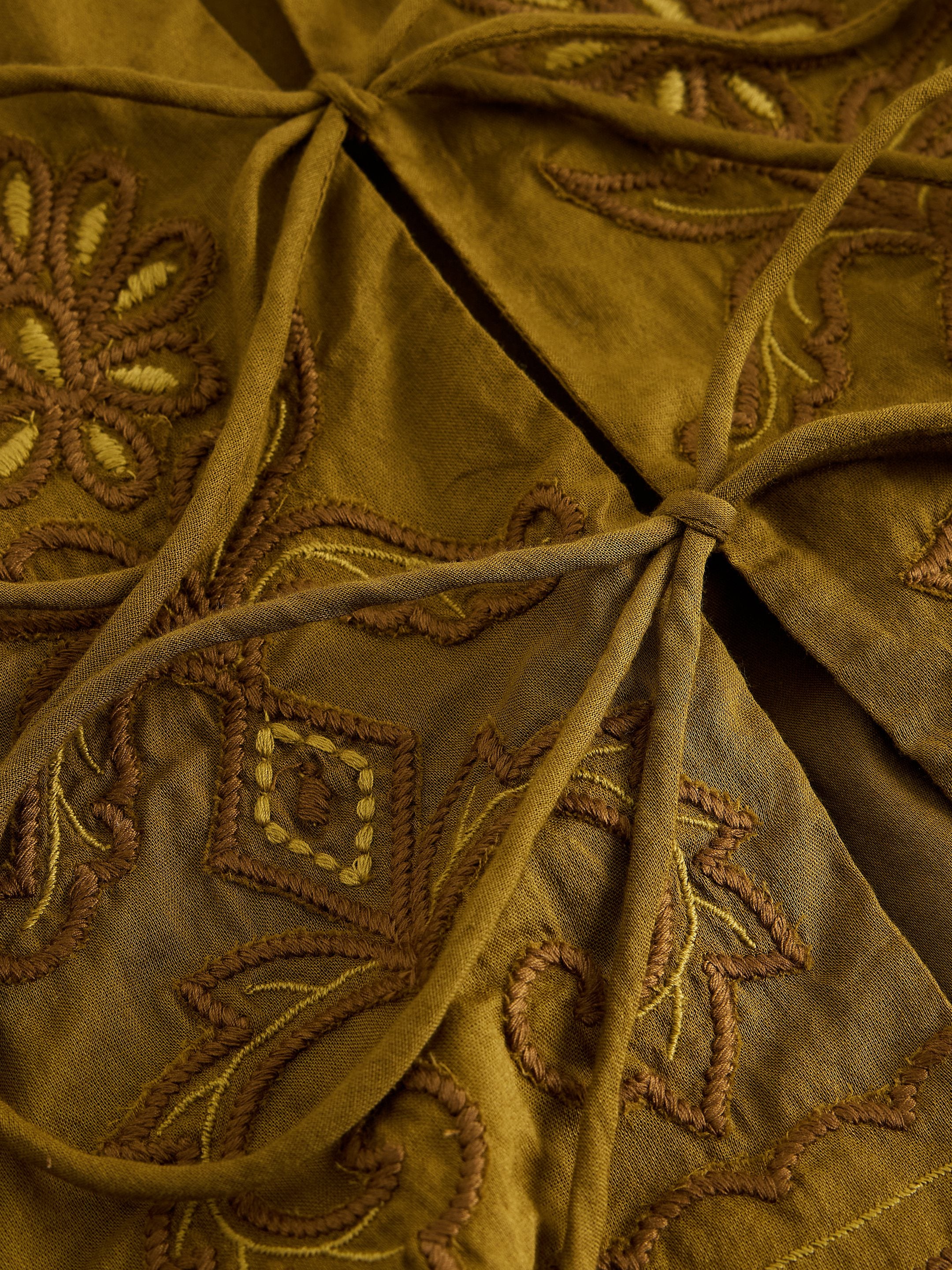 Close-up of a brown fabric with intricate embroidery patterns