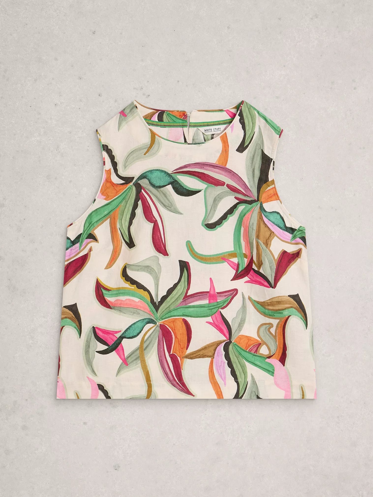 Colorful floral-patterned sleeveless top on a light gray background