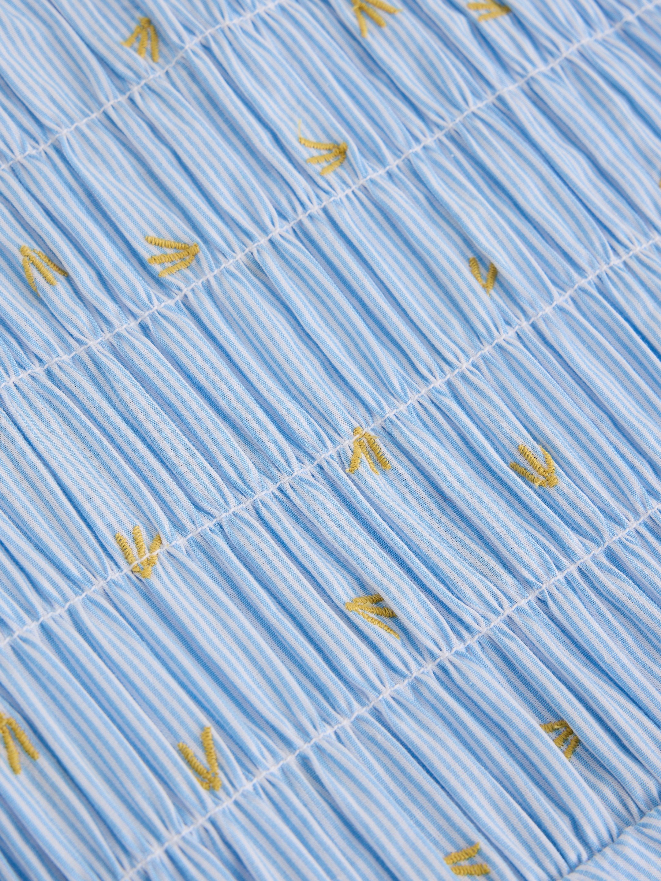 Close-up of a blue fabric with yellow patterns