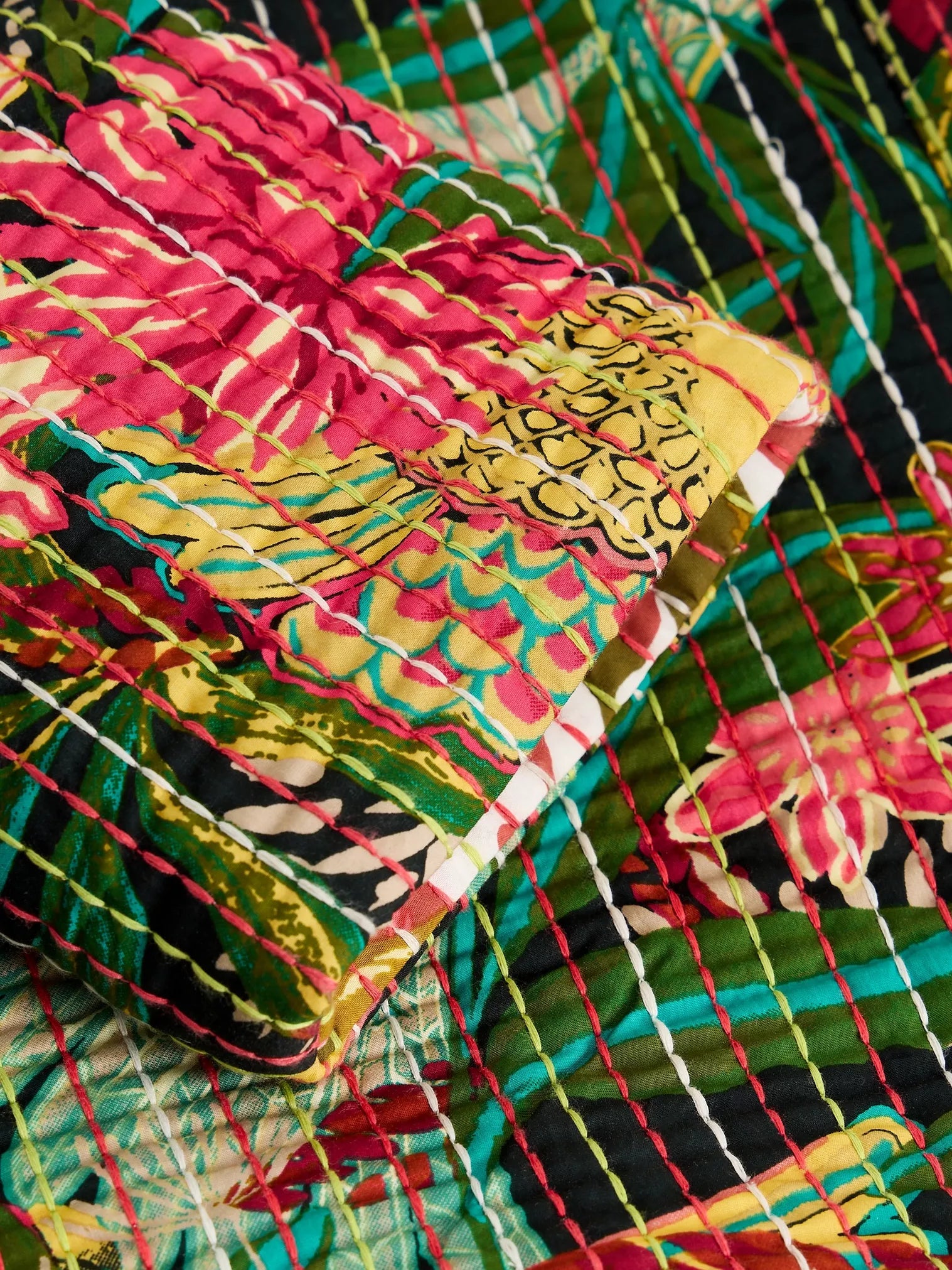 Close-up of a colorful fabric with floral patterns