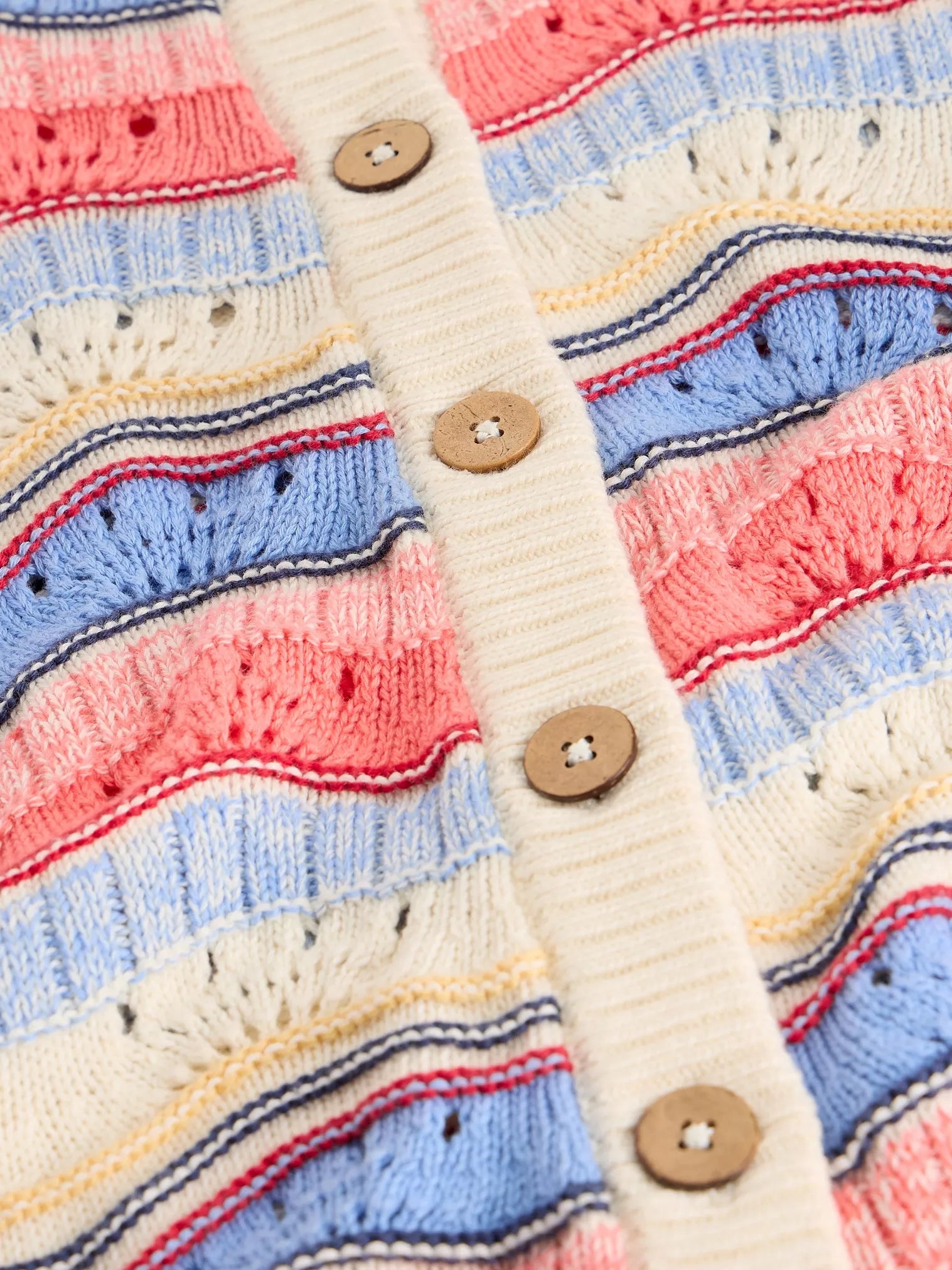 Close-up of a colorful striped cardigan with button details