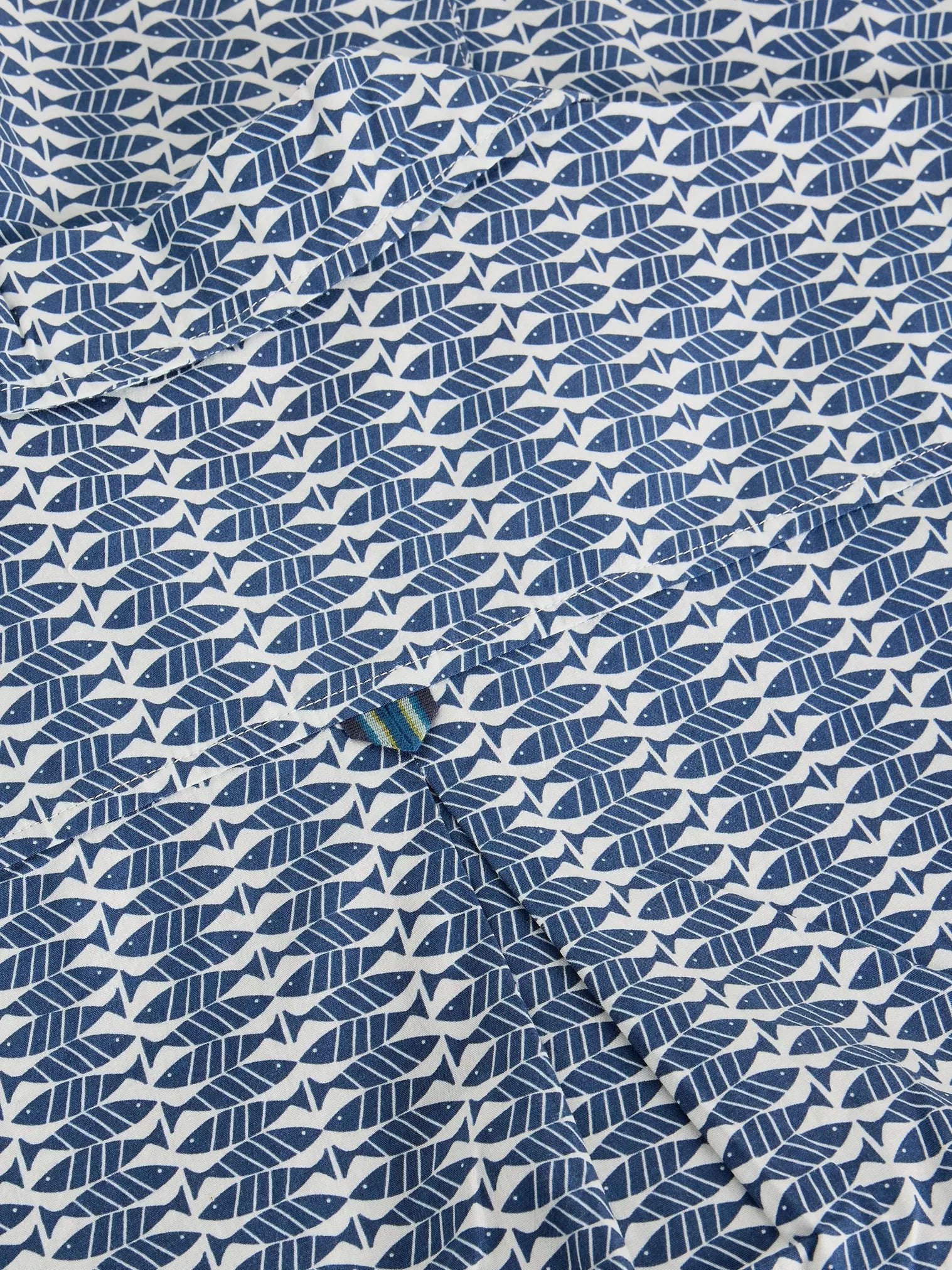 Fabric with blue and white geometric pattern