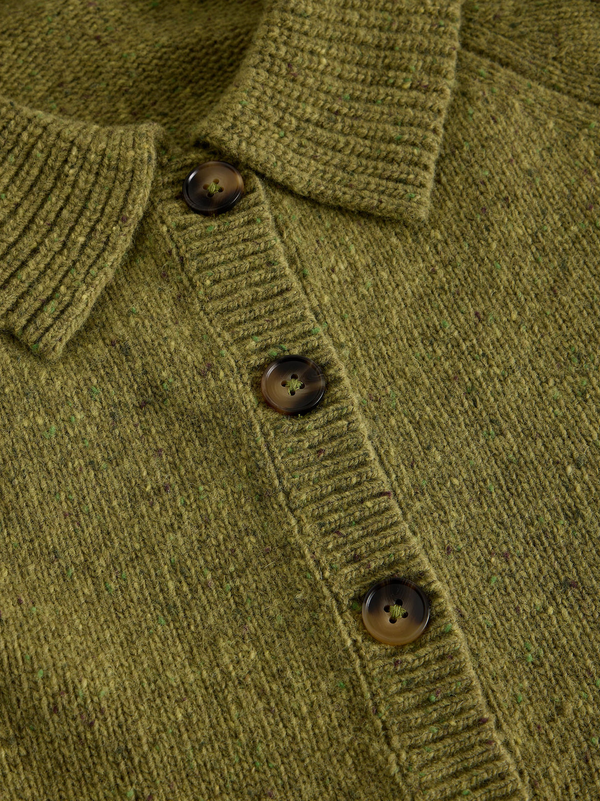 Close-up of a knit polo-style sweater in heathered olive green with dark brown buttons and a ribbed collar and placket.