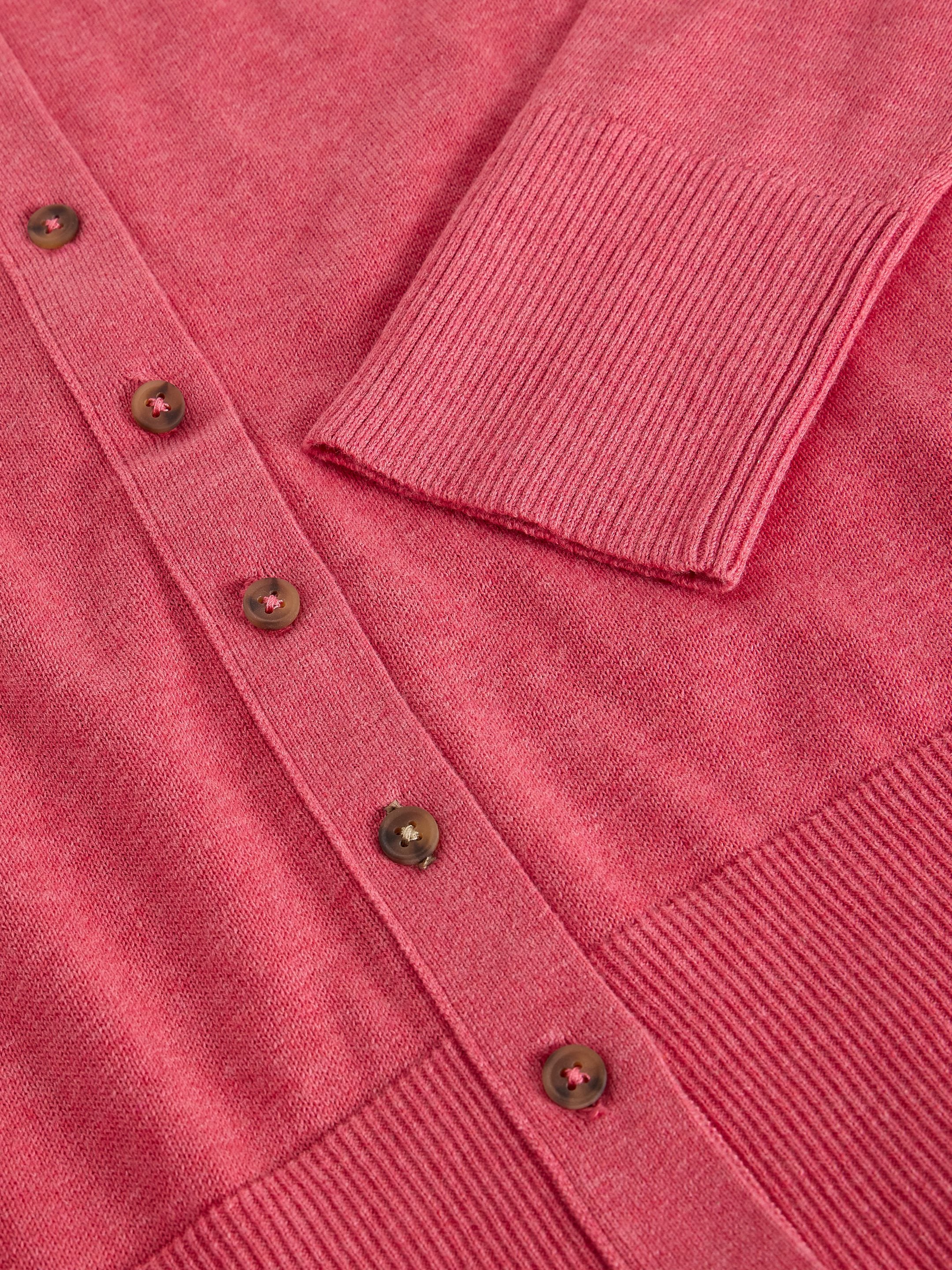 Close-up of a pink cardigan with button details