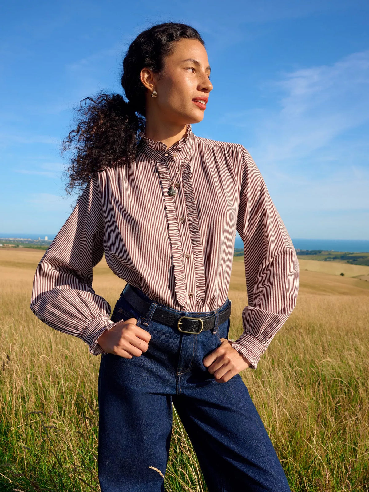 Frill Neck Shirt - Brown Multi