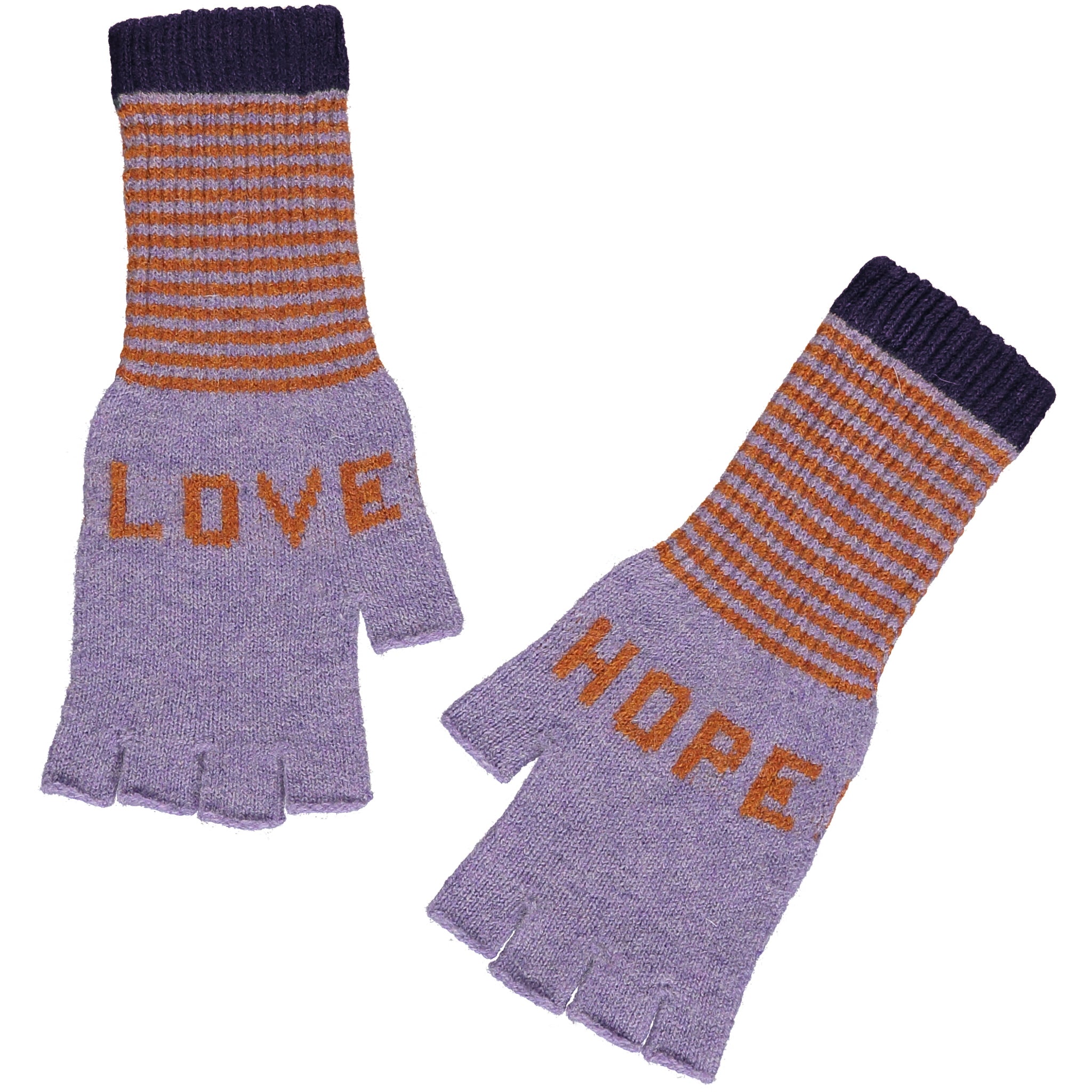 Pair of purple fingerless gloves with orange stripes and "LOVE" and "HOPE" embroidered on them.