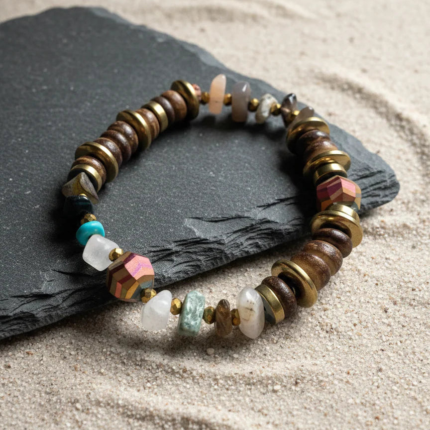 Multicolored beaded bracelet on a black stone with sand background