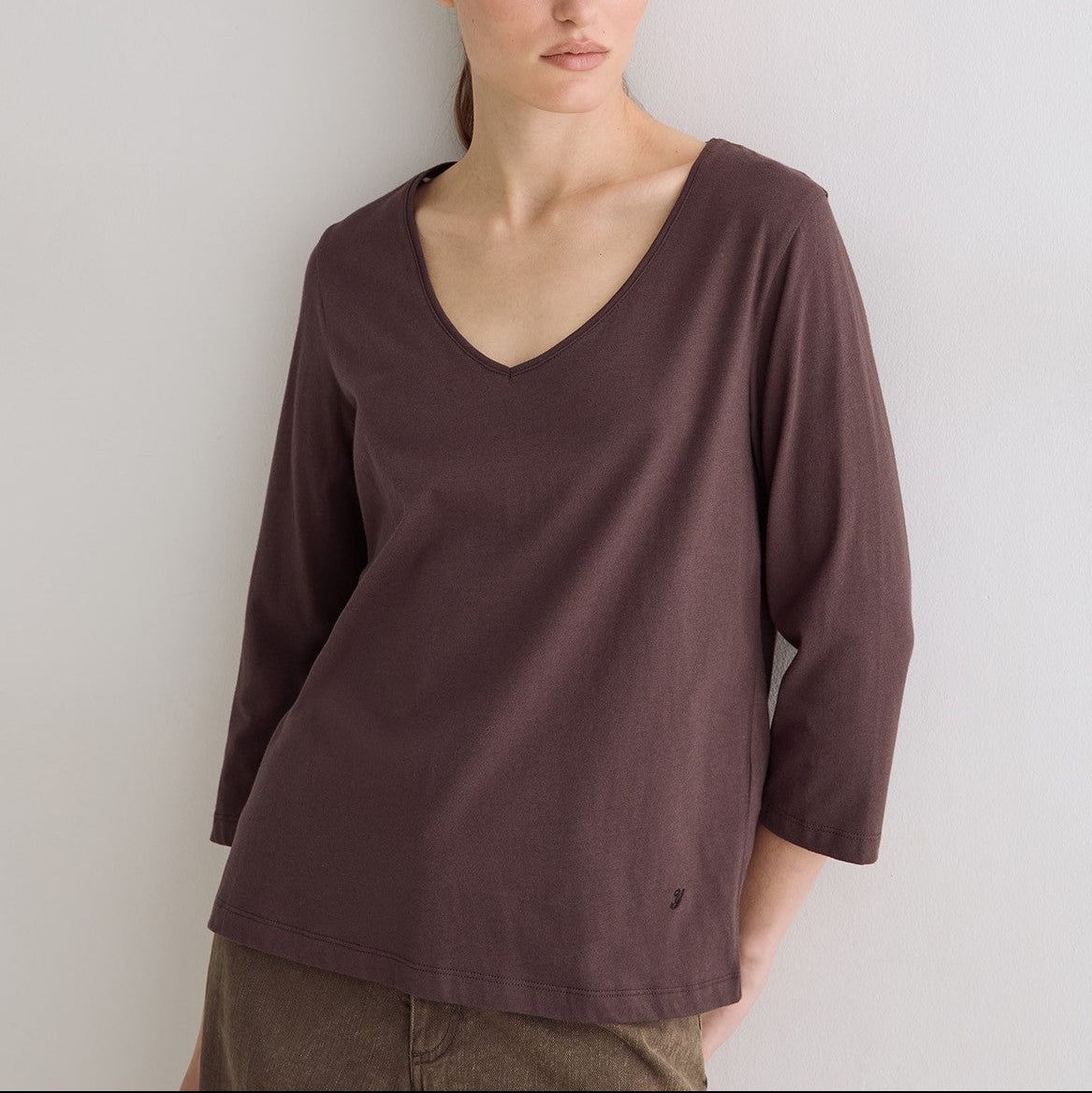 Long Sleeved V-Neck Top - Dark Brown