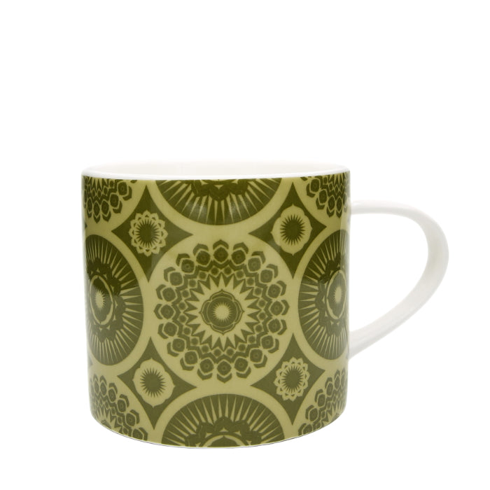 Olive green mug with a repeating geometric pattern of stylized sunbursts and mandala-like designs.