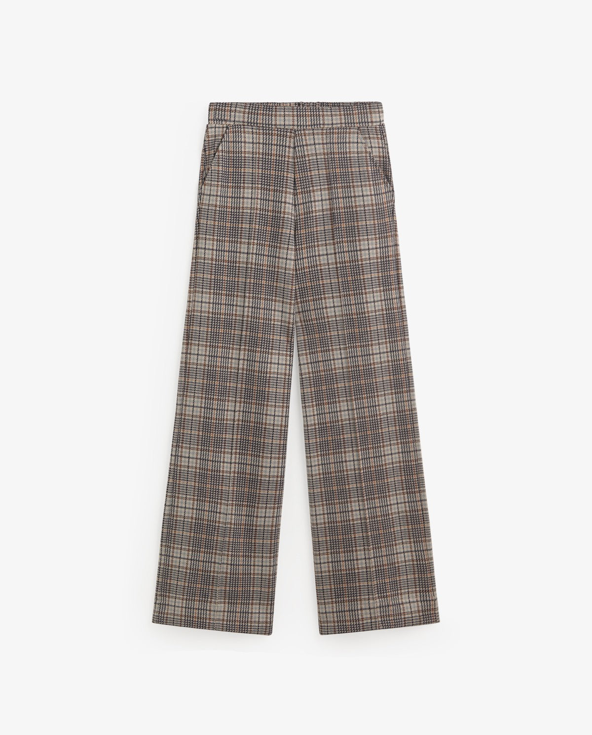 A pair of wide-leg trousers in a brown and beige plaid pattern, shown flat against a light gray background.