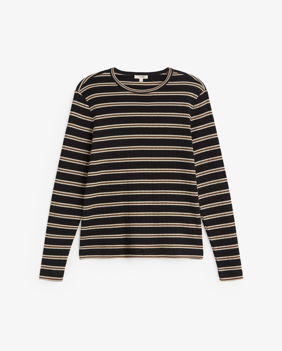 A long-sleeve crewneck knit top with horizontal stripes in black and beige, displayed flat against a light gray background.