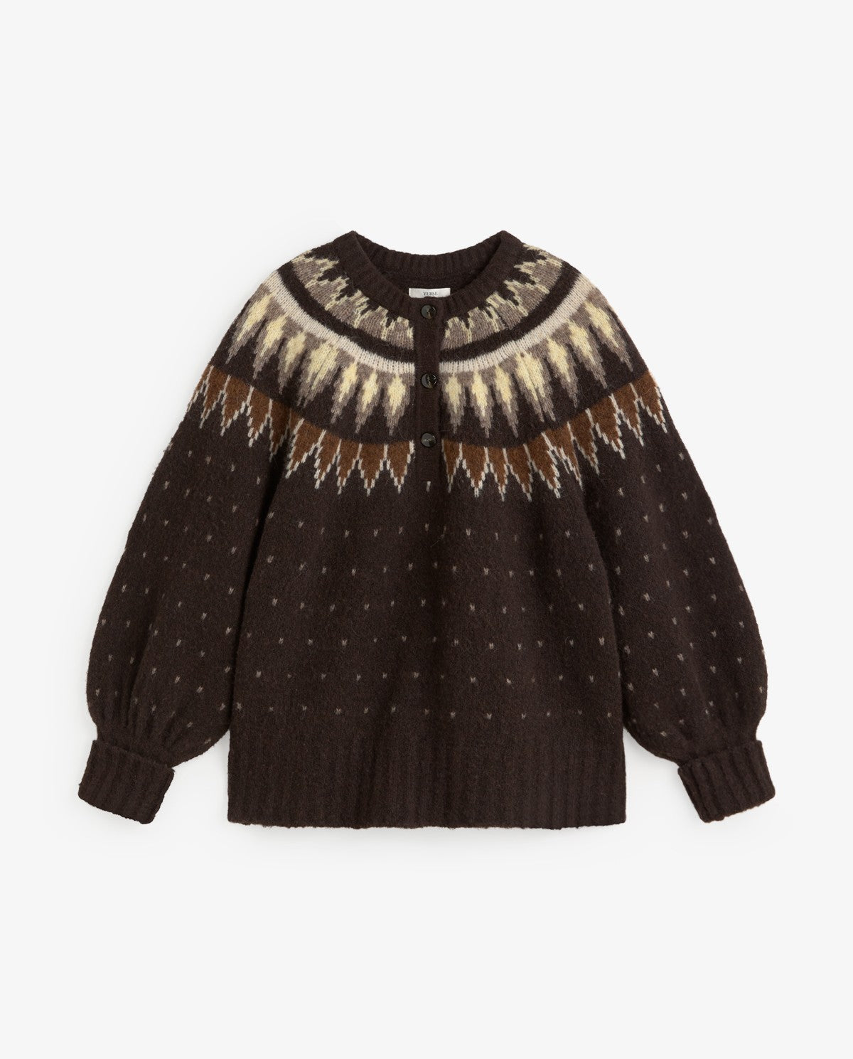 A dark brown knit sweater with a geometric fair isle pattern in cream and brown across the yoke, featuring balloon sleeves and a ribbed hem and cuffs, shown flat on a light gray background.