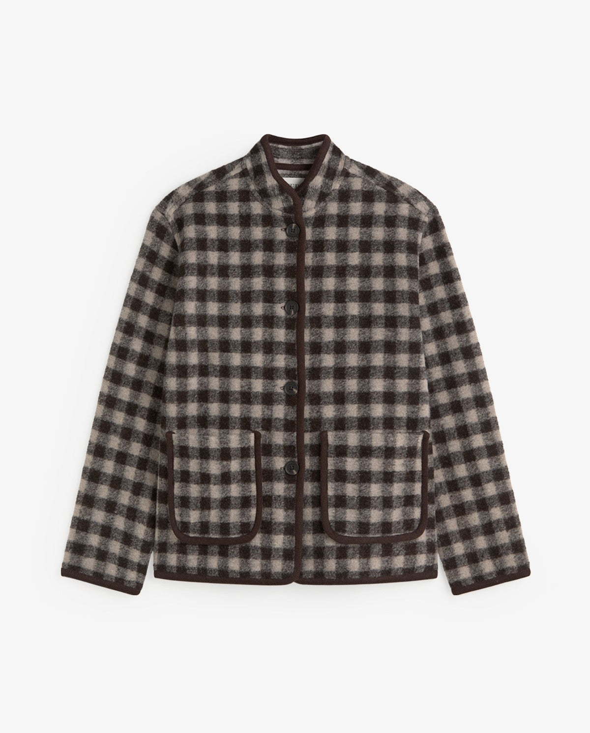 A men's plaid jacket with a dark brown and beige checkered pattern, featuring a stand collar, dark brown button closure, and two front patch pockets, shown against a plain light gray background.