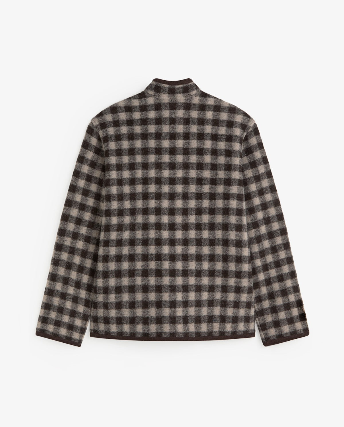 A long-sleeve plaid overshirt with a mock neck, shown from the back. The fabric features a dark brown and beige checkered pattern, photographed against a clean, light off-white background.