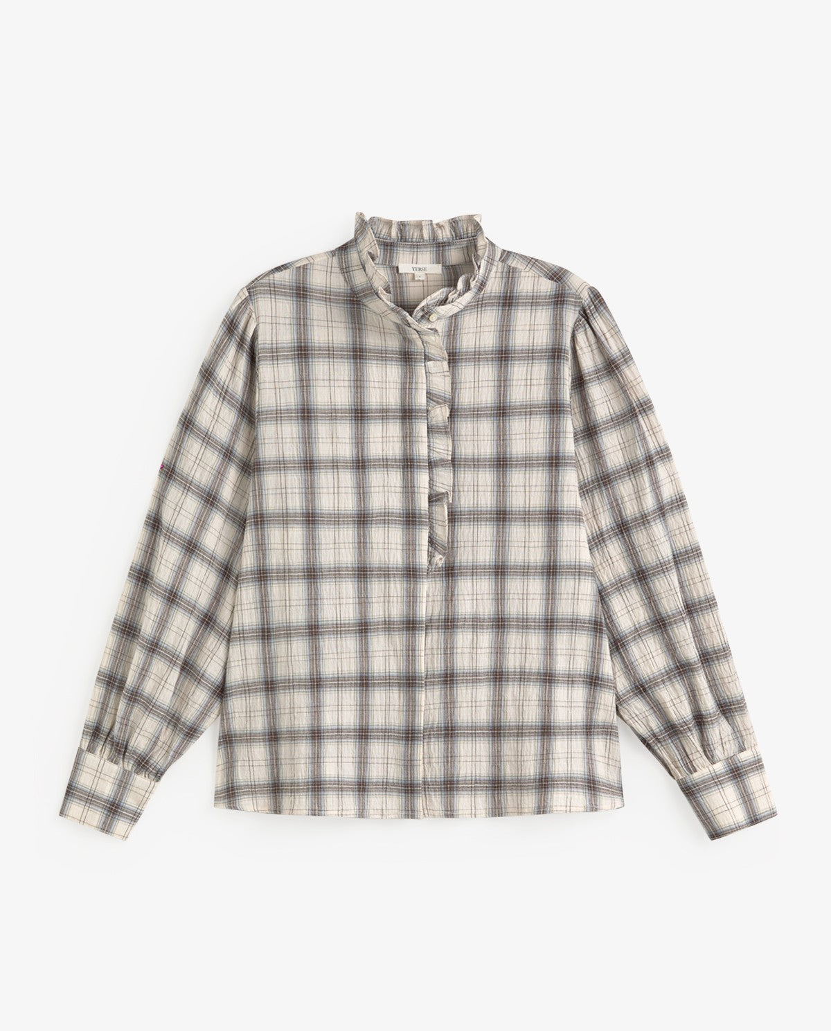 A long-sleeve button-up shirt with a high stand collar, featuring a beige and gray plaid pattern, laid flat against a light gray background.