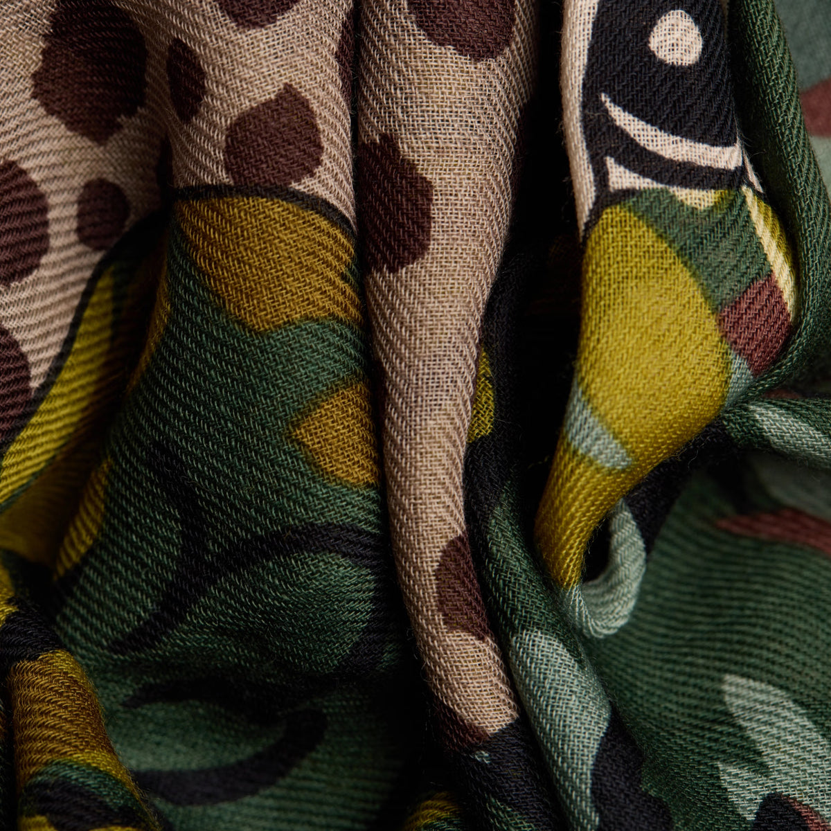 A close-up of a patterned scarf or fabric with a mix of leopard print spots, olive green, mustard yellow, black, and beige folds.