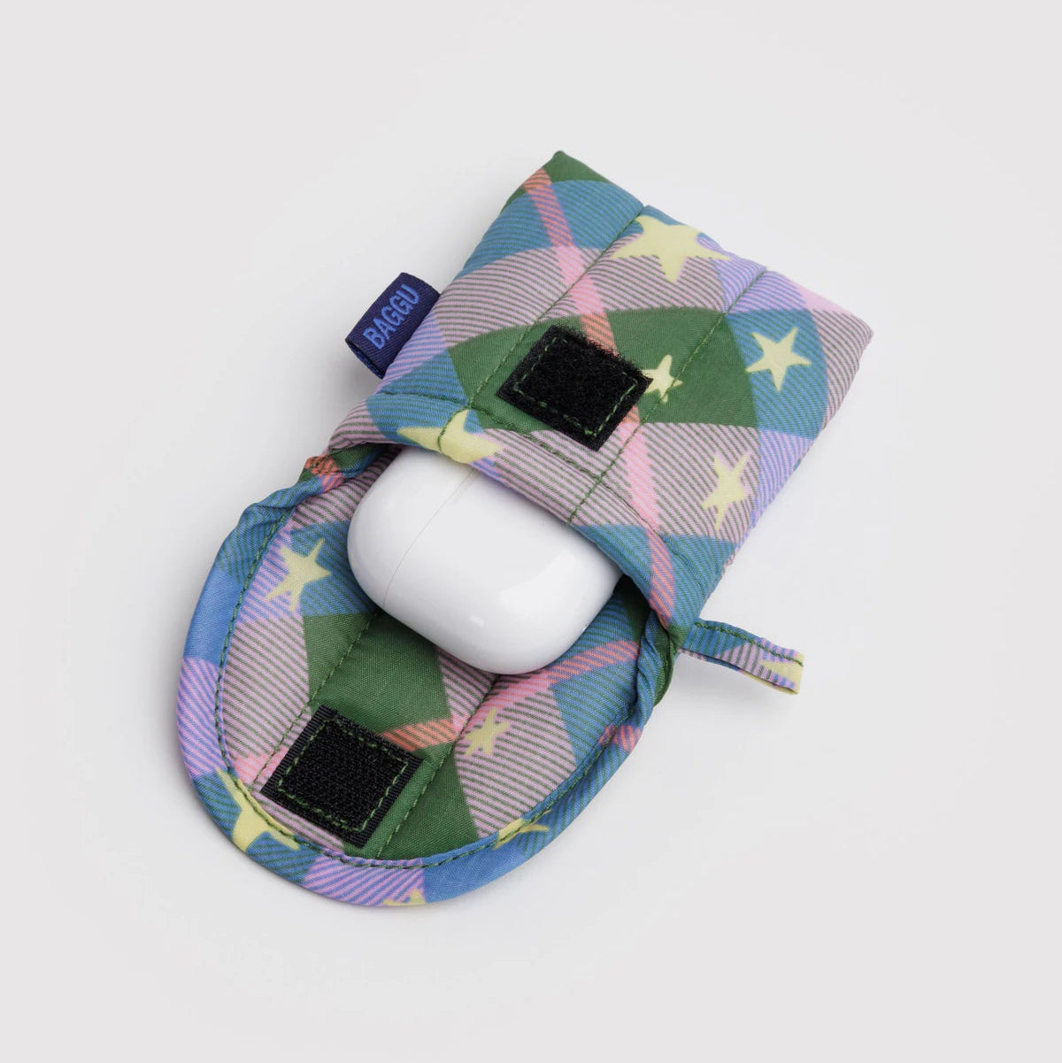 Puffy Earbuds Case - Green Star Plaid