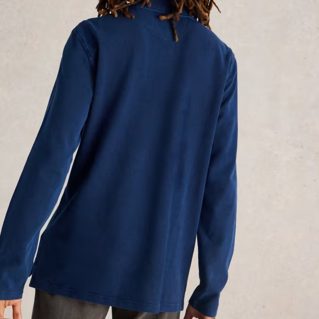 Dark blue long-sleeve polo shirt, shown from the back.