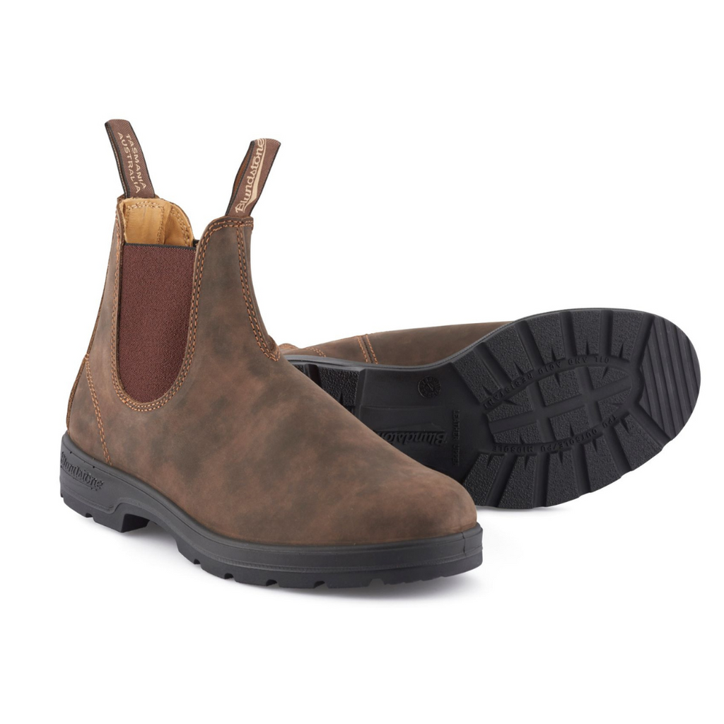 Brown Blundstone Chelsea boots with a textured rubber sole.