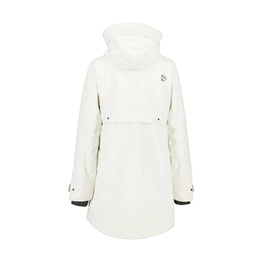 Off-white hooded parka with a rear view showing a concealed back yoke and small logo.  The cuffs have dark gray detailing.