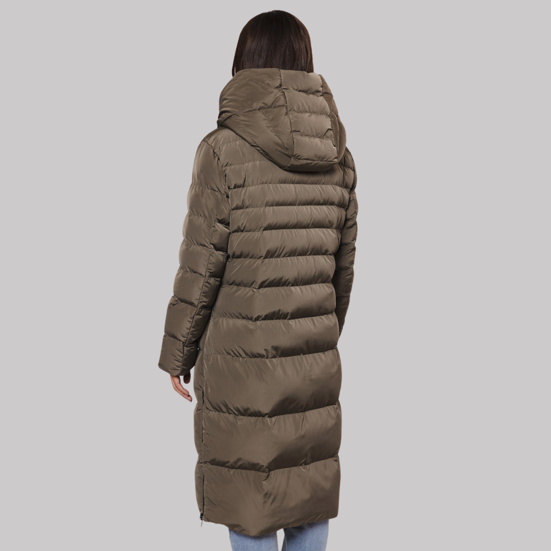 Olive green hooded puffer coat, long length, horizontal quilted design.