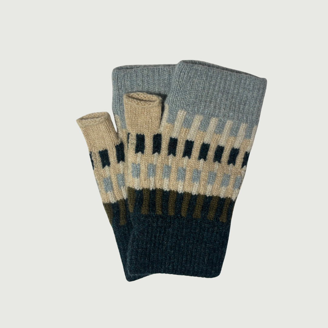 Harbour Fingerless Mittens - Ink, Olive & Oat