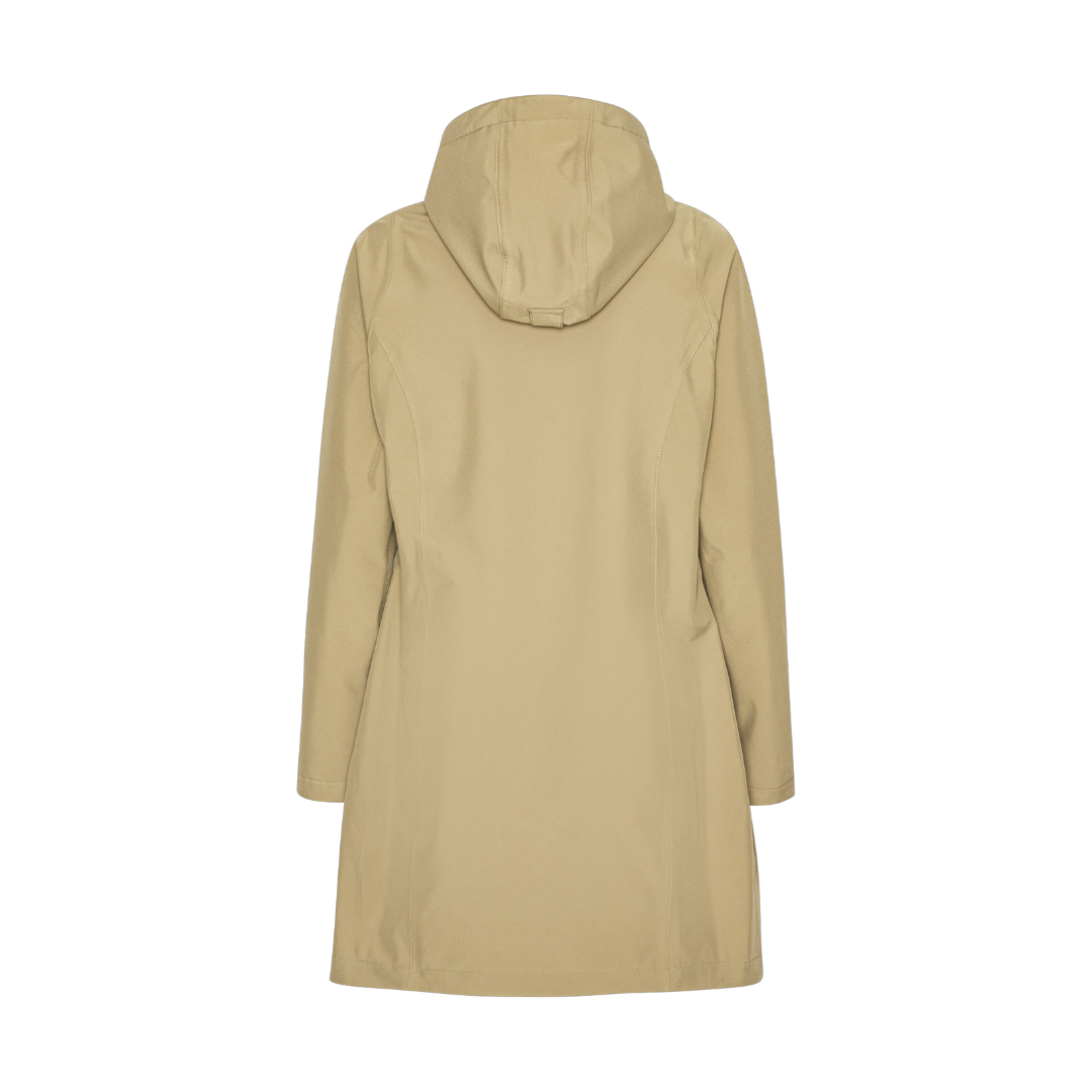 Beige hooded raincoat, rear view, long sleeves, simple design.