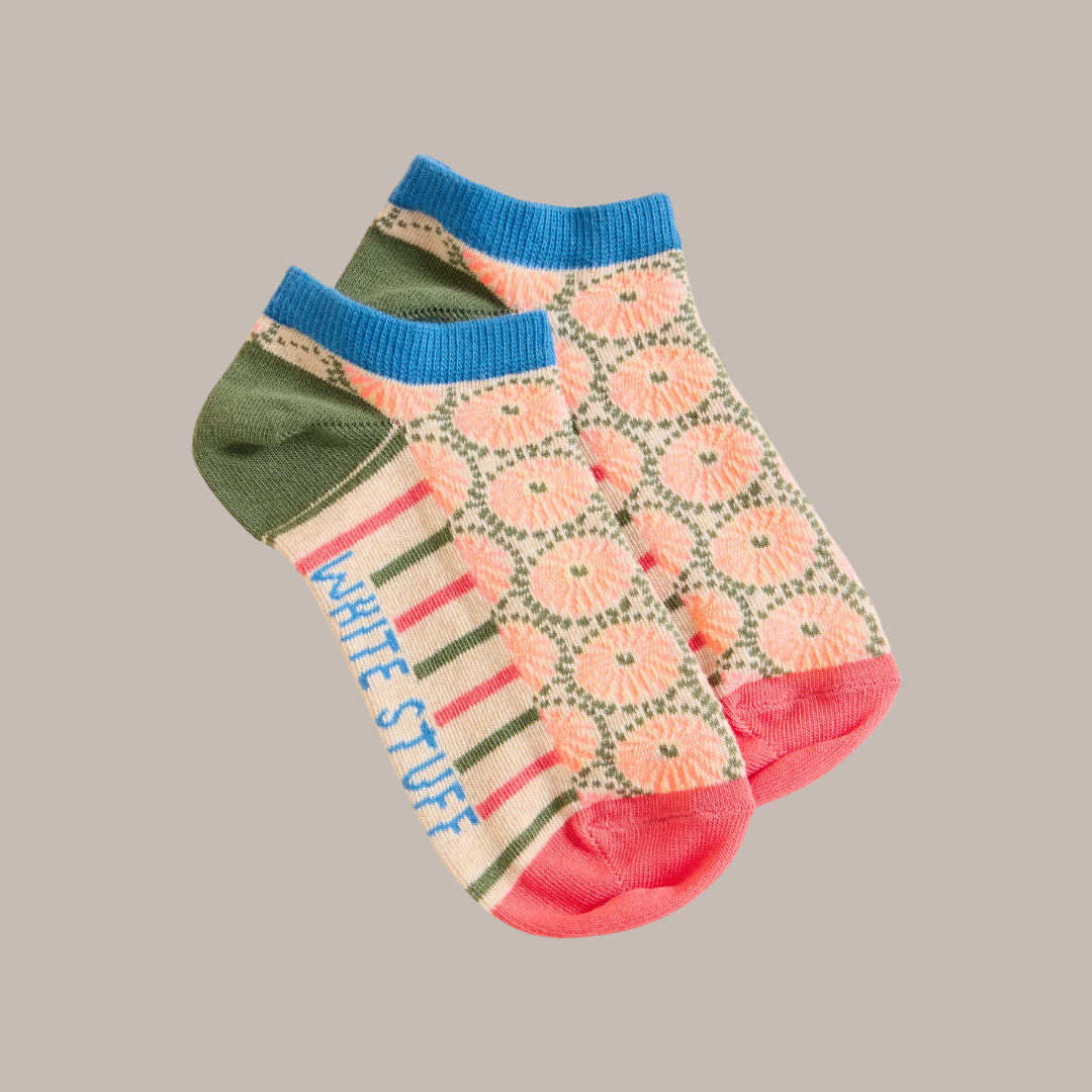 Pair of ankle socks with a floral and striped pattern in peach, green, and blue; "White Stuff" is visible on one sock.