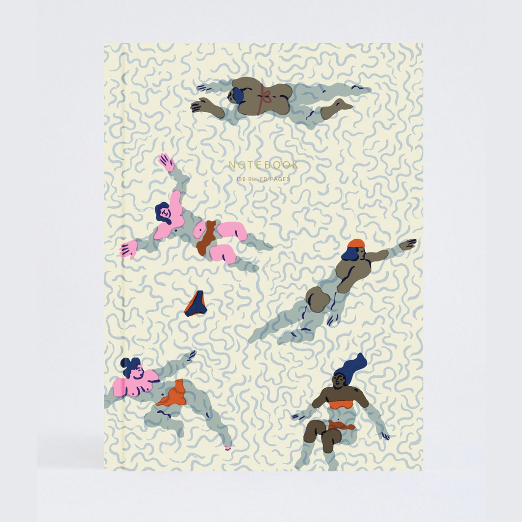 Notebook with 128 ruled pages; cover features stylized illustrations of women swimming in an abstract pattern.
