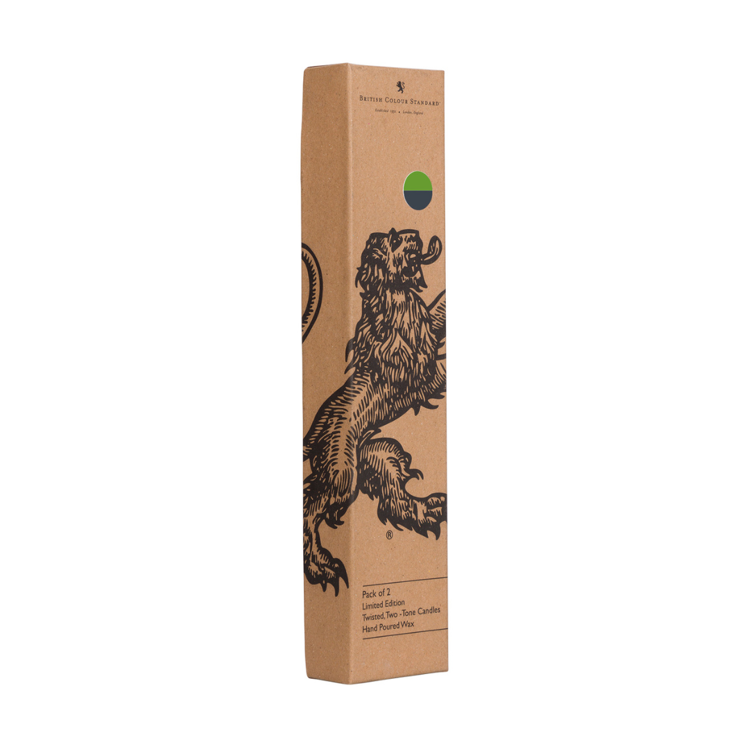 Brown cardboard box featuring a black lion illustration, containing a pack of two limited edition, hand-poured, twisted,