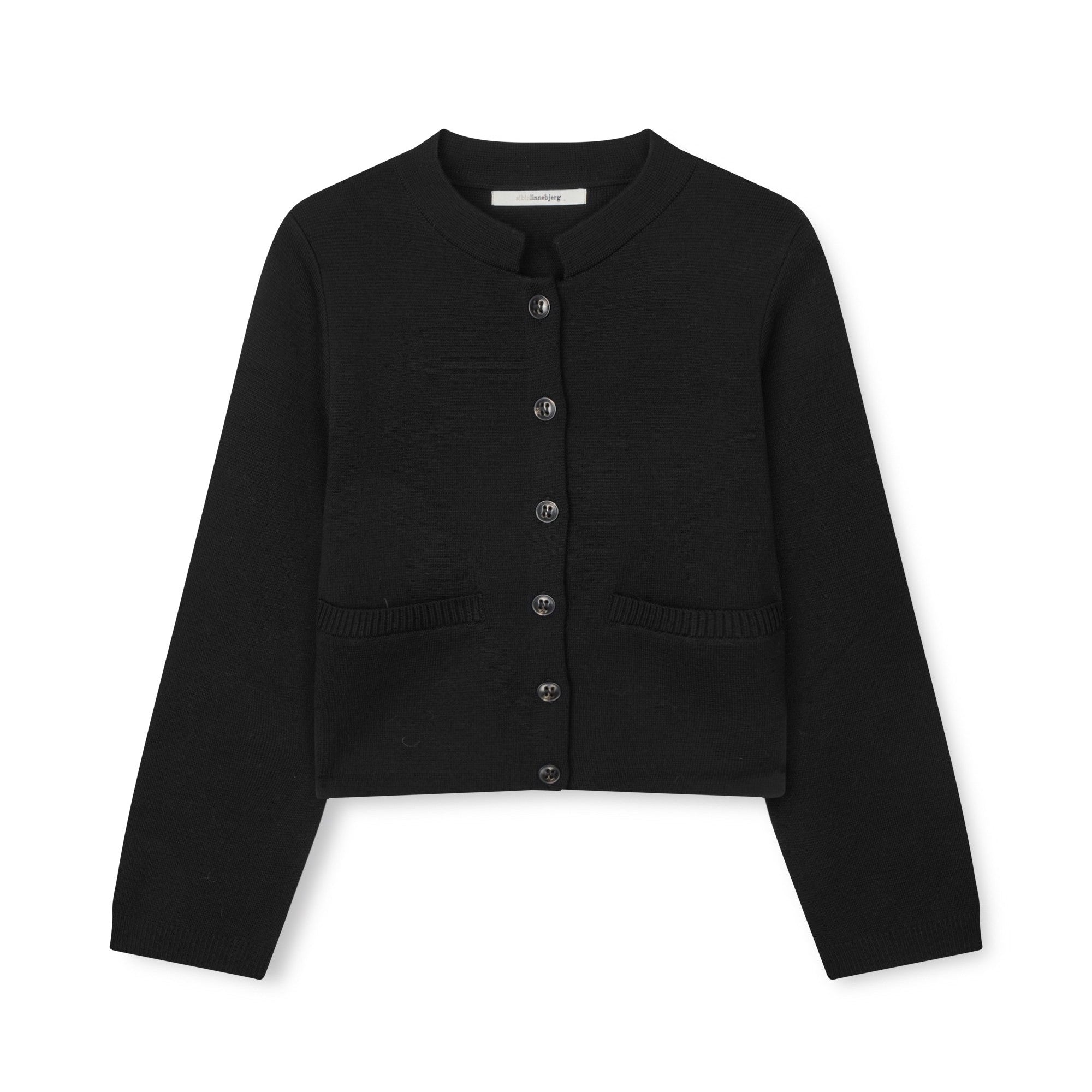 A black cropped cardigan sweater with a round neckline, button-front closure, and front pockets, shown flat against a plain white background.
