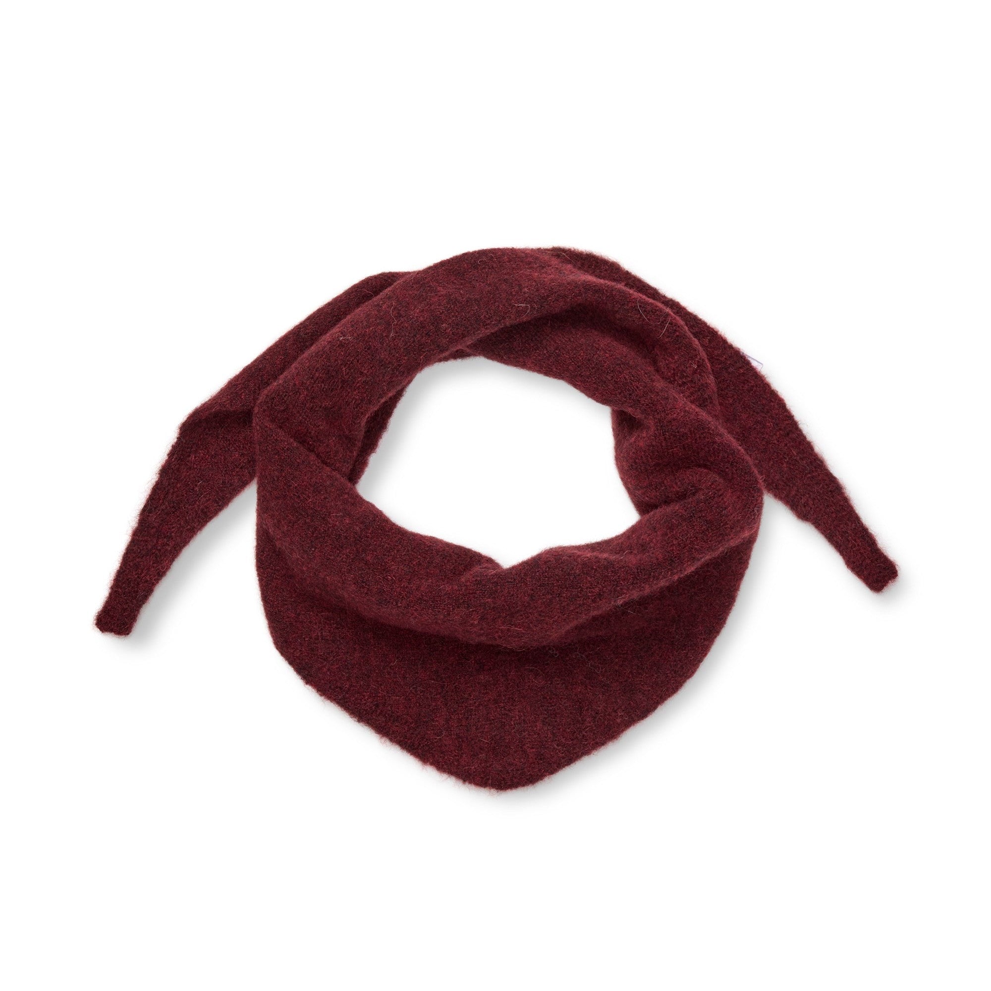 A dark burgundy knit bandana or neck warmer scarf, styled in a loose loop with two pointed ends, shown on a plain white background.