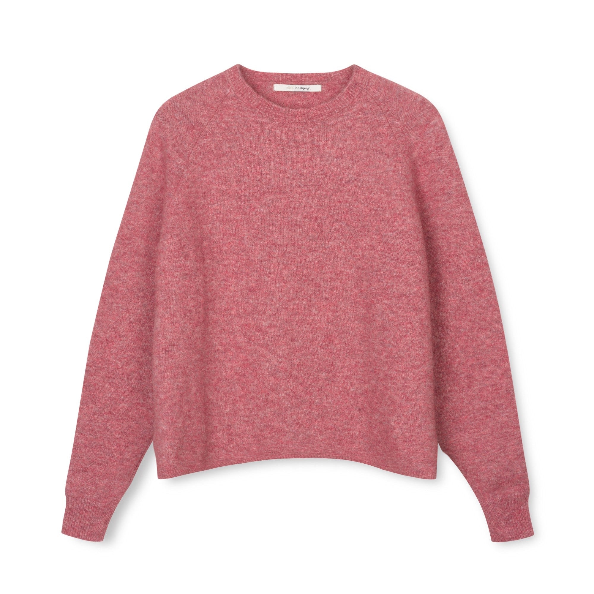 A dusty rose pink long-sleeve knit sweater with a crew neck, laid flat against a solid white background.