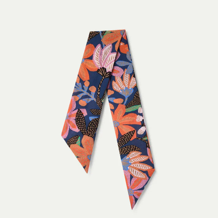 Colorful floral-patterned scarf on a white background