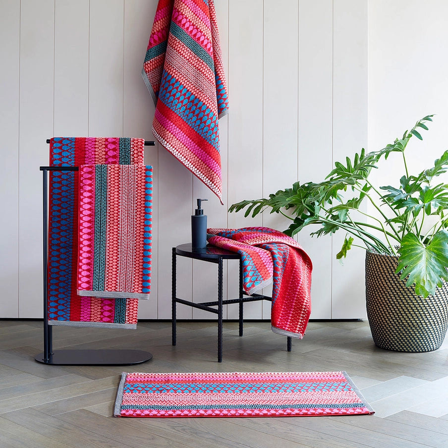 Cotton Hand Towel - Faversham - Red, Pink and Turquoise