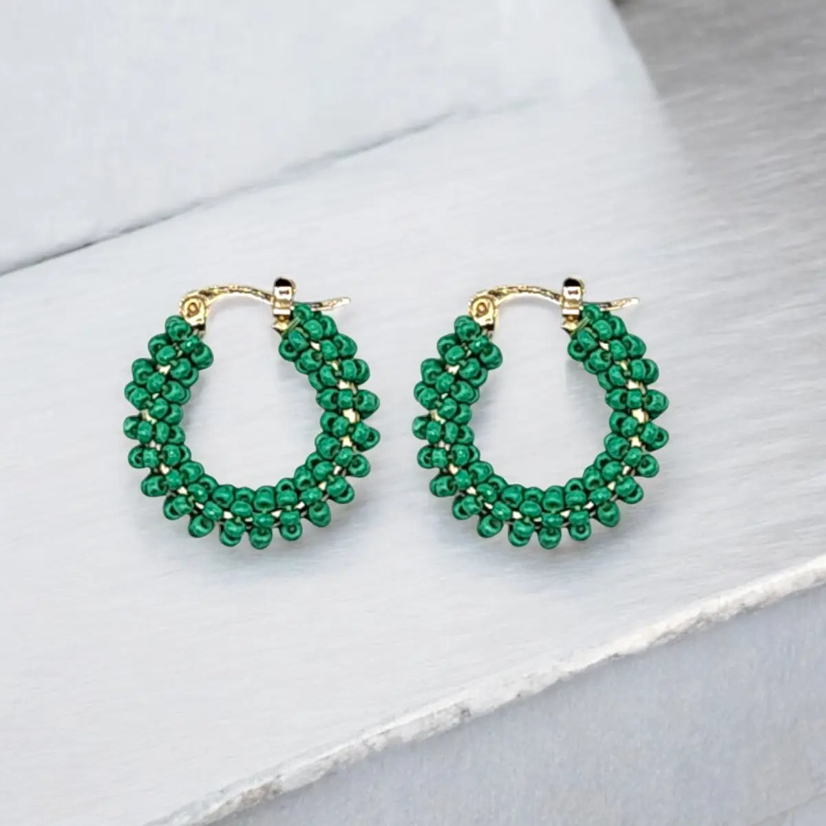 Beaded Mini Hoop Earrings - Green