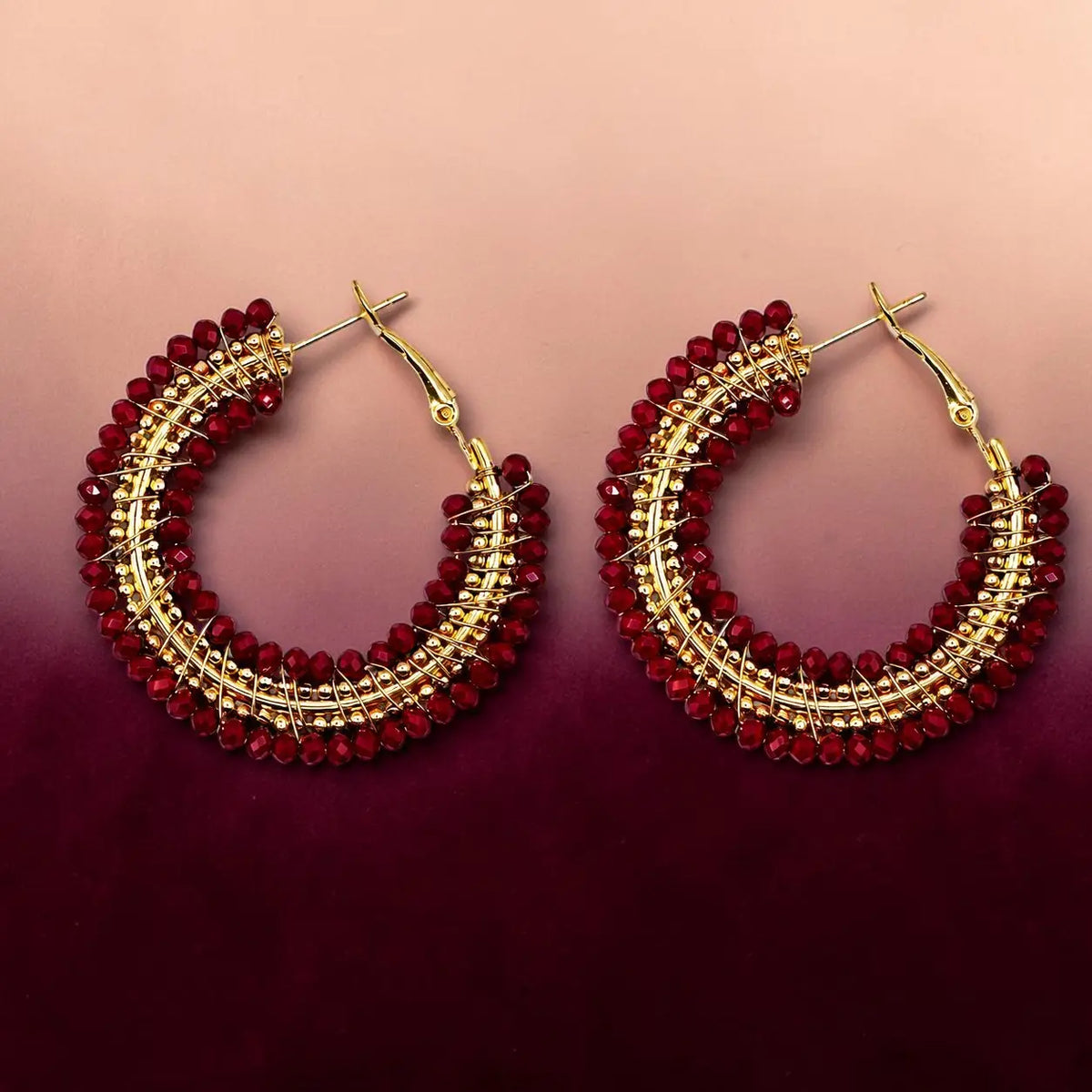 Mini Beaded Ombre Crystal Hoop Earrings - Burgandy