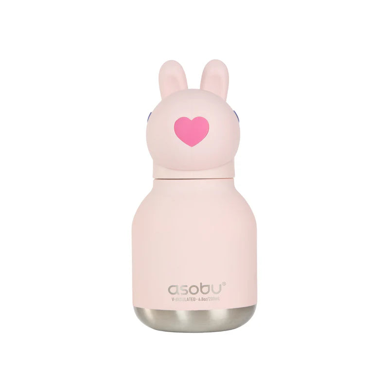 Pink water bottle with bunny ears and a heart on a white background