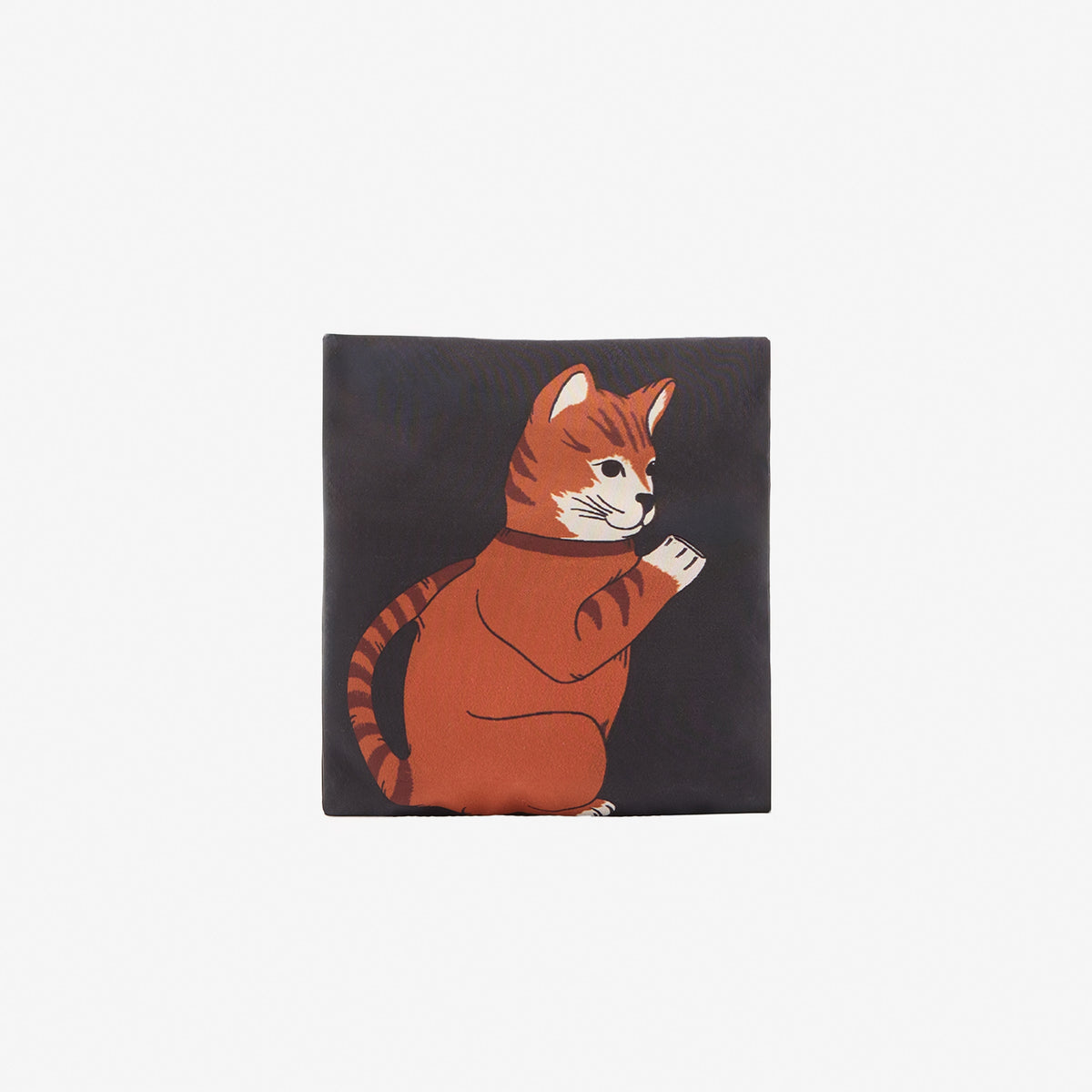 A square dark charcoal coaster featuring a stylized illustration of an orange tabby cat wearing a black sweater, centered on a plain white background.